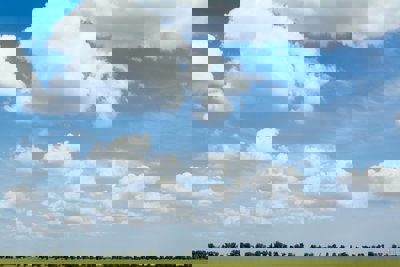 A scene hsowing clouds and blue sky, over a grassy area with trees