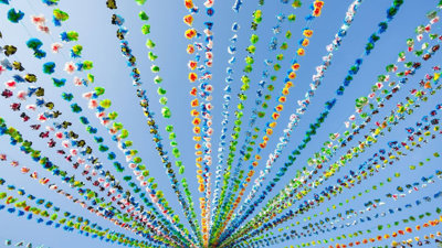 Strings of floral bunting amidst blue sky.