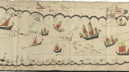 A historic sea-route map of the Arabian coast, showing ships and placenames.
