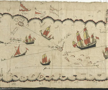A historic sea-route map of the Arabian coast, showing ships and placenames.
