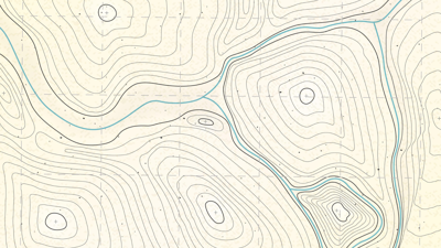 A fake detailed topographic map. thin black lines create circles and swirls encaseing each other around the map. Four conected blue lines swirl arpund the right handside of the map. thhe background is a cream colour ovrelayed with a widely spaced dash linegrid