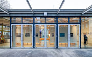 A view of the glass doors looking inside the Pavilion. 