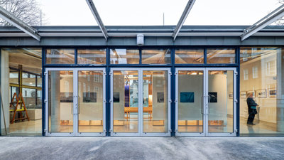 A view of the glass doors looking inside the Pavilion.