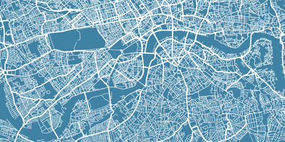 A blue and white map of London