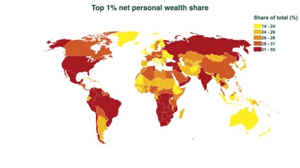 World map showing the top 1% net personal wealth share by country, with darker red indicating higher wealth concentration above 31%.