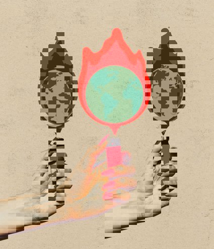 A graphic of a globe surrounded by flame with a hand holding a lighter underneath