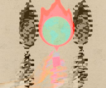 A graphic of a globe surrounded by flame with a hand holding a lighter underneath