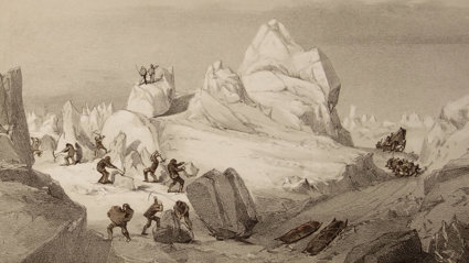 Historic sketch of explorers in a polar environment in sepia.
