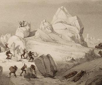 Historic sketch of explorers in a polar environment in sepia.