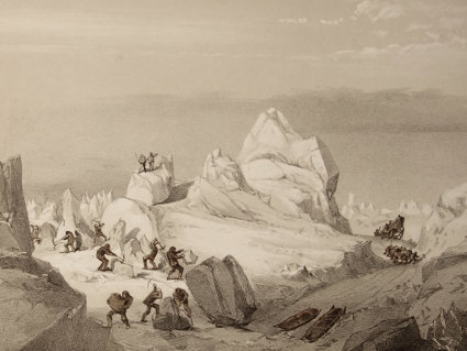 Historic painting of explorers in a polar environment