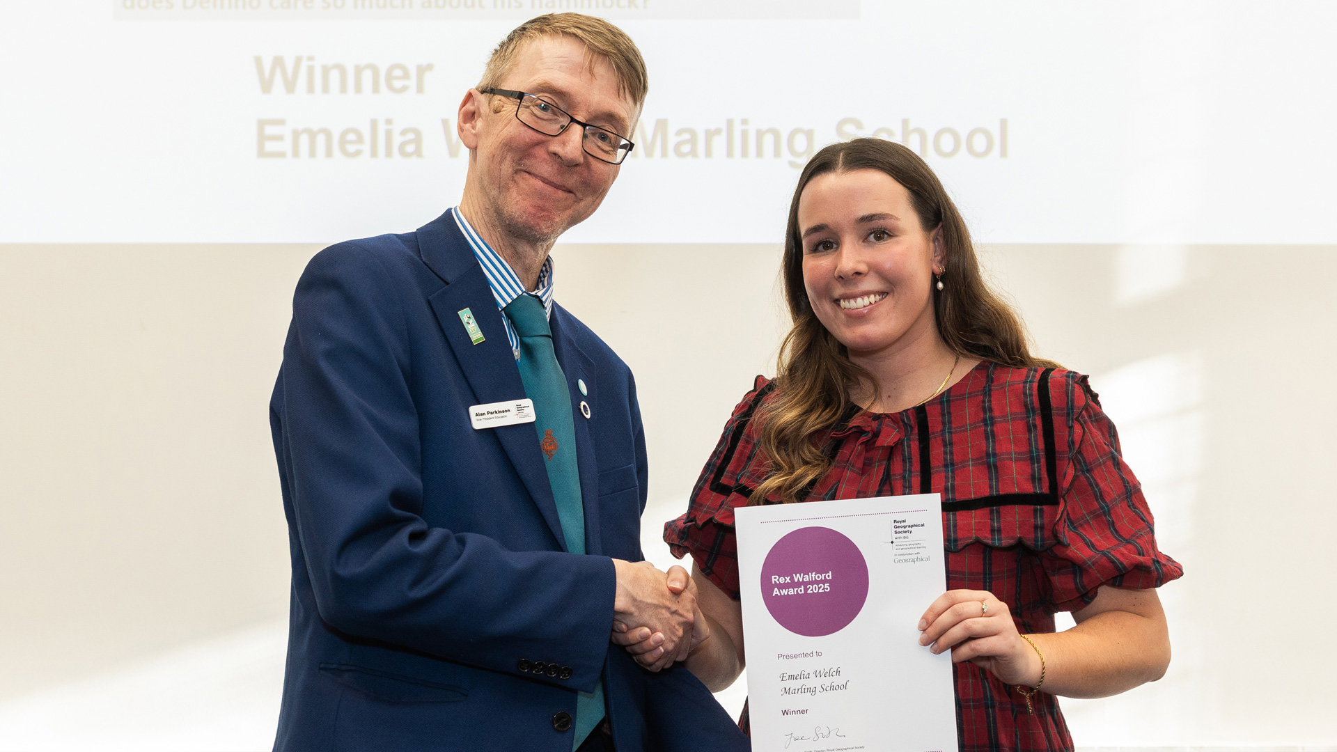 Rex Walford Award winner 2025 Emelia Welch with RGS-IBG VP Education Alan Parkinson.