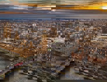 Aerial view of London with Houses of Parliament and Westminster Bridge.