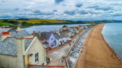 Landscape view of Slapton Sands coastal road next to beach.