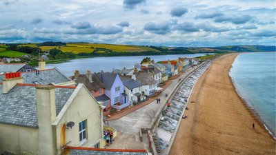 Landscape view of Slapton Sands coastal road next to beach.