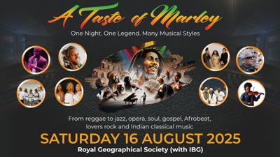 Poster advertising 'A Taste of Marley' with images of artists and singers amongst text.