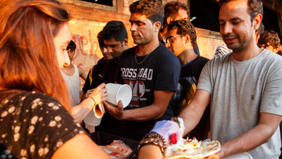 People queuing to receive food