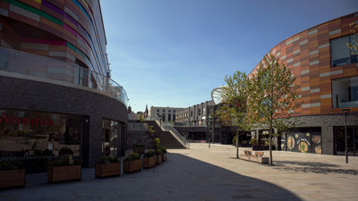 Newport leisure cemtre, wiht a central area for community space and a modern look and feel to the buildings.