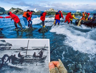 Recreation of Shackleton leaving Elephant Island with modern day tourists.