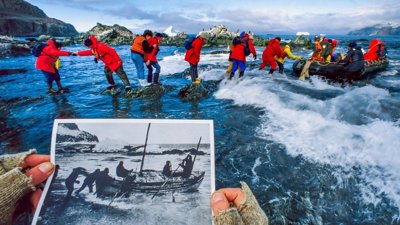 Recreation of Shackleton leaving Elephant Island with modern day tourists.