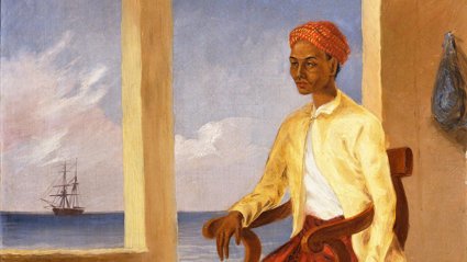 Historic oil painting of man sitting in chair.