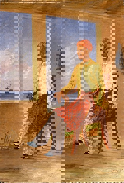 Historic oil painting of man sitting in chair