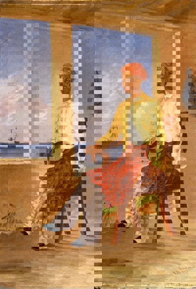 Historic oil painting of man sitting in chair