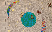 Close up of Hormazd Narielwalla mural showing the Earth and various ships.