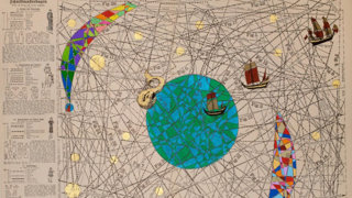 Close up of Hormazd Narielwalla mural showing the Earth and various ships.