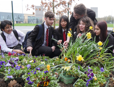 Group of school children gathered around plants.