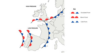 A simplified weather map showing the pressure systems and fronts from Storm Claudia