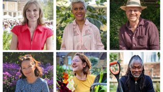 Six headshots of gardeners and presenters in square boxes.