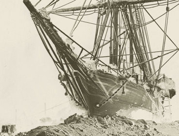 Old photograph of The Spectre Ship by Frank Hurley in sepia.
