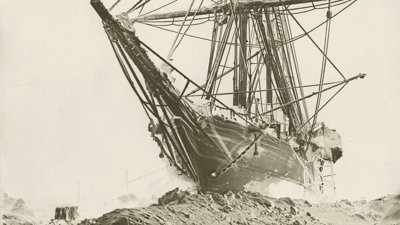 Old photograph of The Spectre Ship by Frank Hurley in sepia.