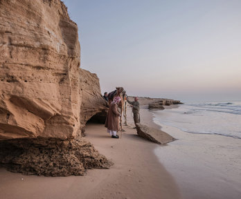 Coastal cliff with sandy beach- people and a camel are standing near the cliff bottom