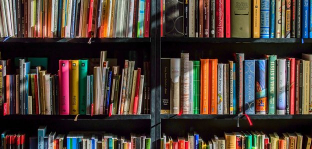 Books stacked on three vertical book shelves.