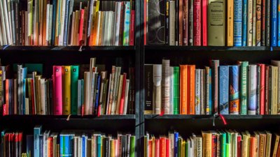 Books stacked on three vertical book shelves.