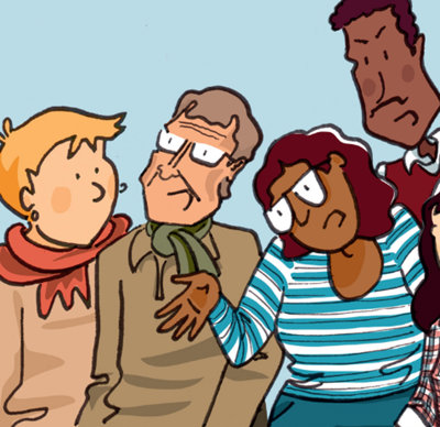 A cartoon drawing of a group of people 