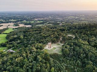 A aerial view of forest land with a tower in a clearing