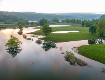 Flooded countryside after heavy rain.