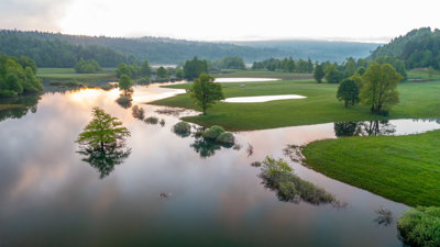 Flooded countryside after heavy rain.