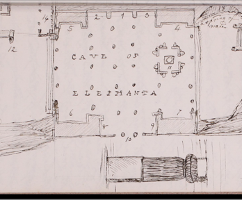 A sketch of the Caves of Elephanta in Clements Markham's Journal of India, 30 January to 12 March 1861.