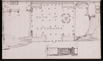 A sketch of the Caves of Elephanta in Clements Markham's Journal of India, 30 January to 12 March 1861. 