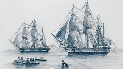 Erebus and Terror passing Gravesend in 1945 illustration.