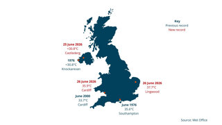 Map showing June record high temperatures for England, Wales and Northern Ireland vs. previous records