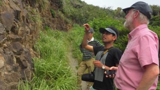 Three people looking at brown rocks surrounded by green grass.