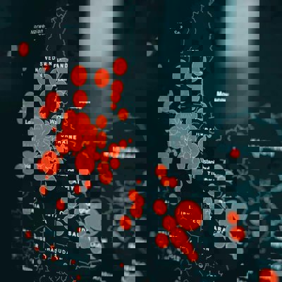 A black map showing Europe and Africa, with red data spots of different sizes located in each country
