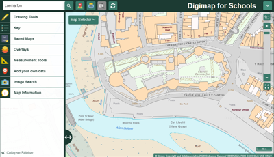 A screenshot of Digimap for Schools showing an OS map