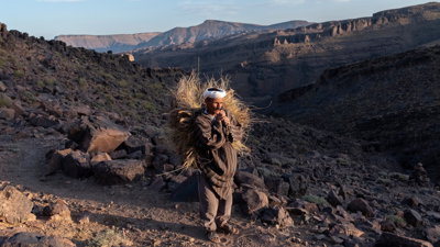 A person in a rocky landscape carrying a bundle of dried grass on their back.