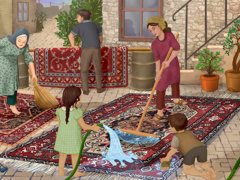 Artwork showing a family in a domestic setting including a hosepipe, rugs, plants.