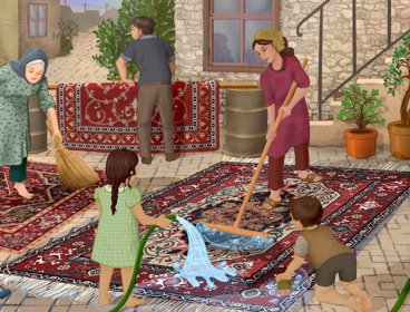 Artwork showing a family in a domestic setting including a hosepipe, rugs, plants.